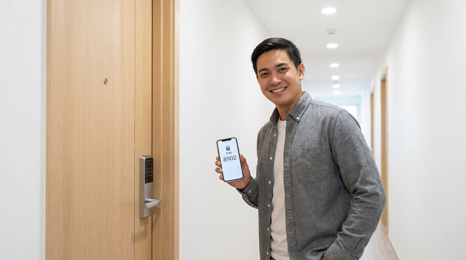 Hotel guest in a corridor holding a phone showing a door PIN beside a smart lock