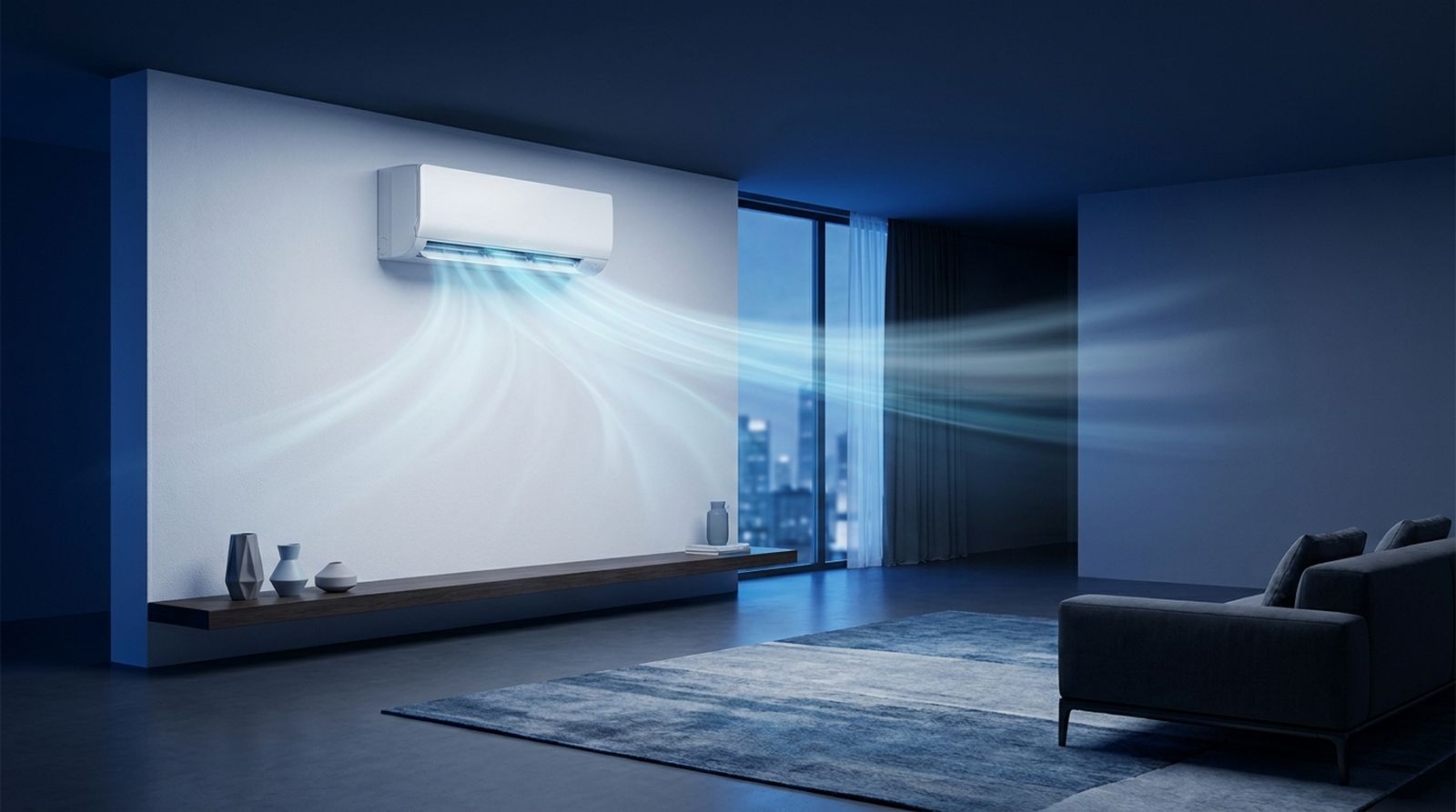 Wall-mounted air conditioner cooling a dark upscale guest room at night