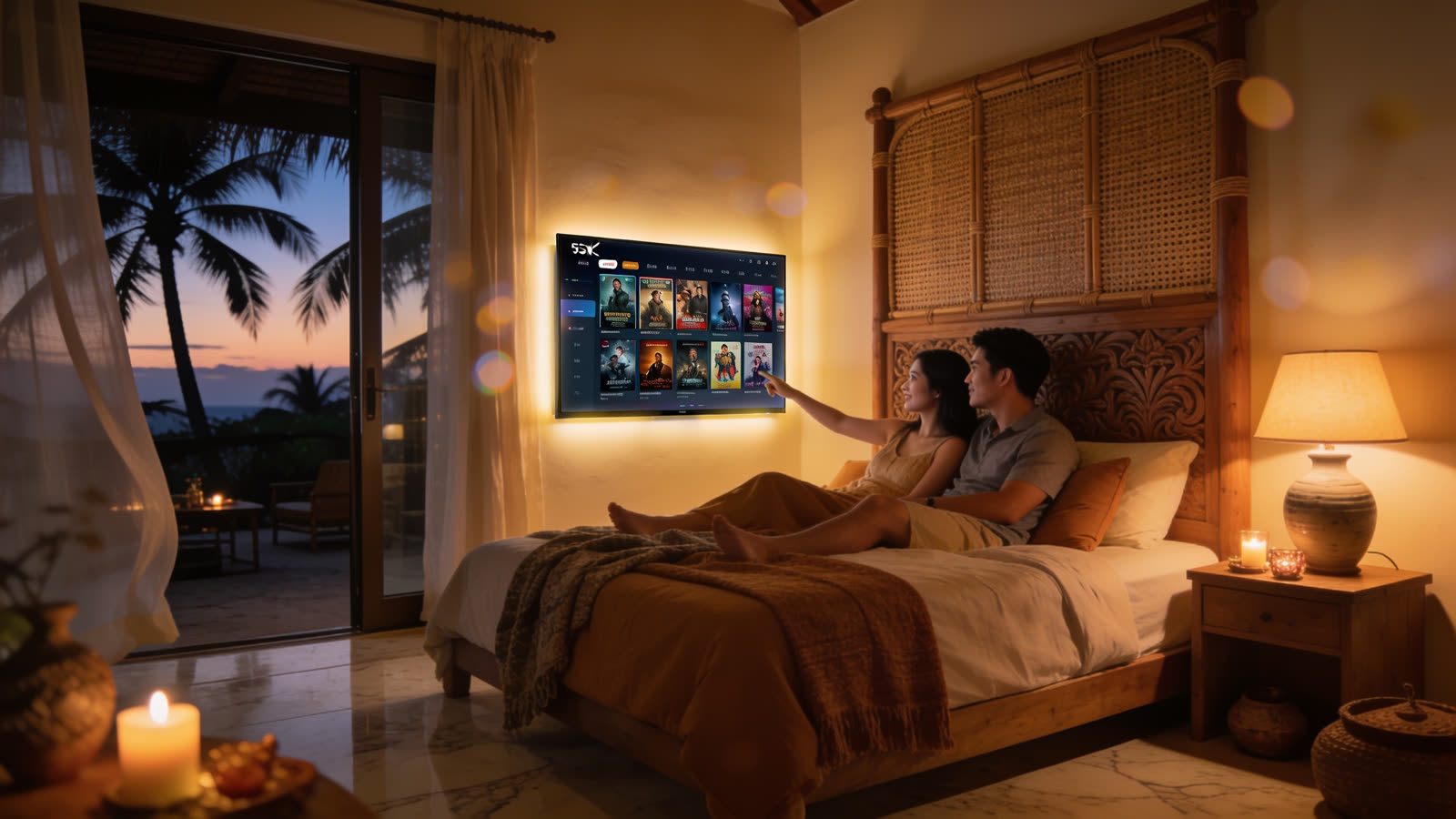 Guests choosing a movie from the in-room library on a large smart TV