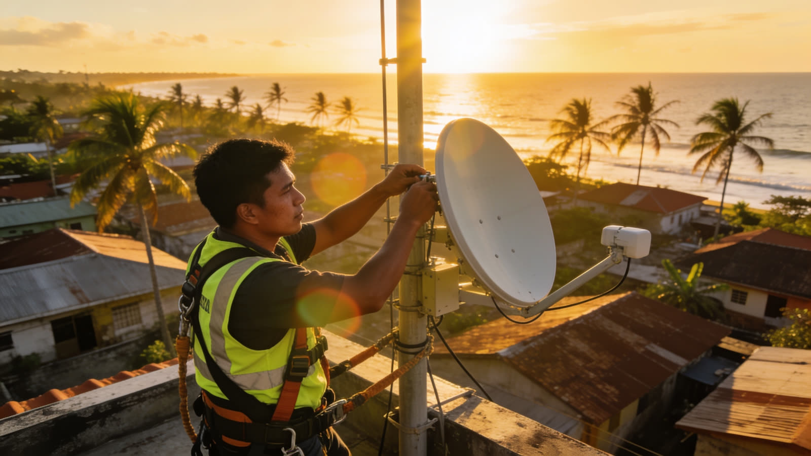 Technician installing a wireless antenna on a rooftop at golden hour