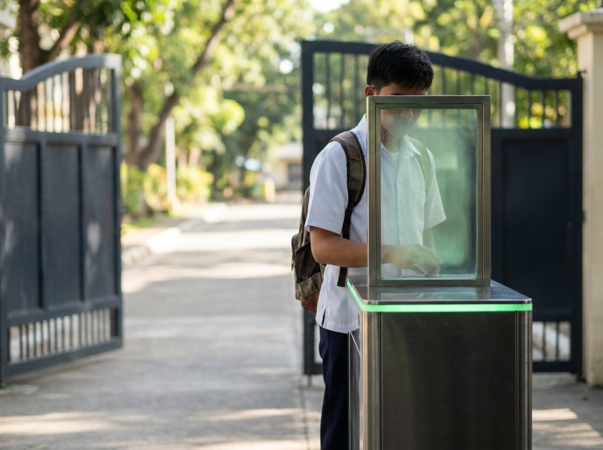 Campus gate entrance with access-control lane