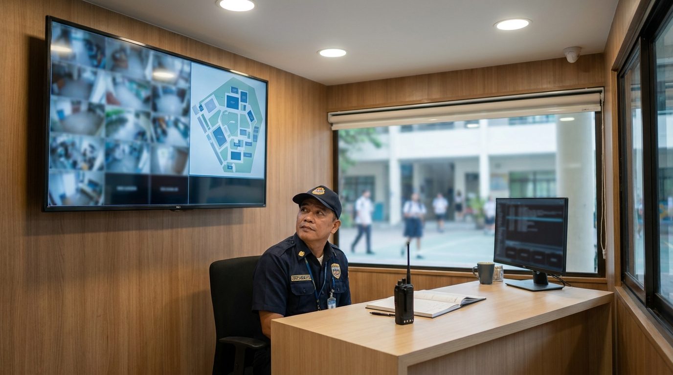 Security guard monitoring a campus from a guard station