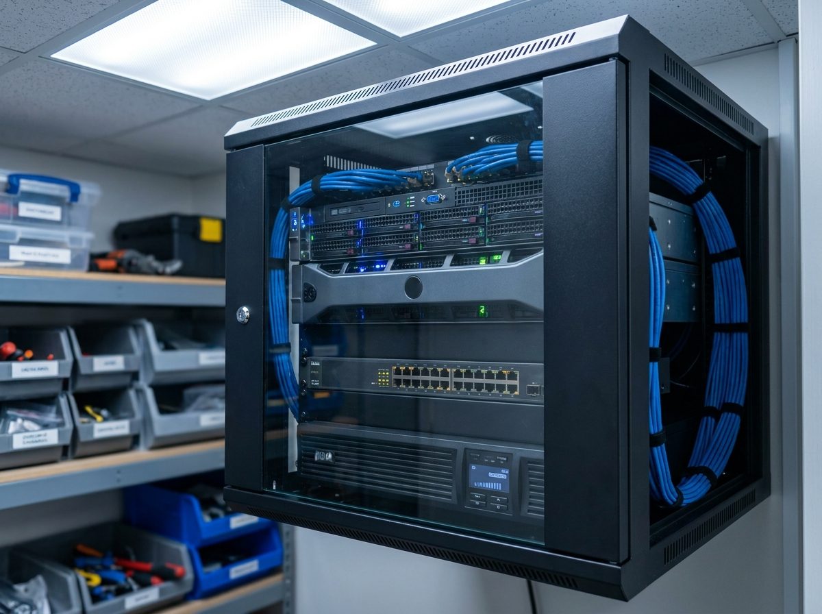 Wall-mounted network cabinet with servers, a managed switch, patched cabling and a UPS